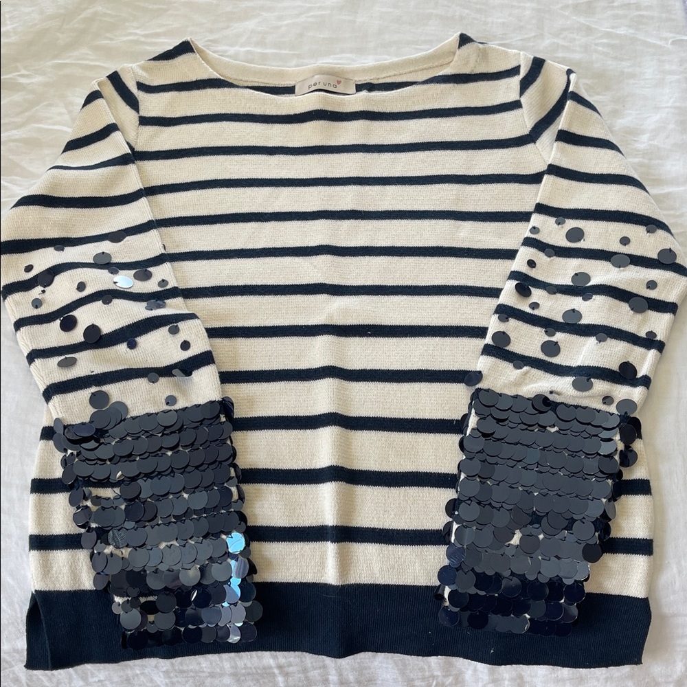 per una Navy and Cream Striped Sweater with Sequin-Cuff Detail